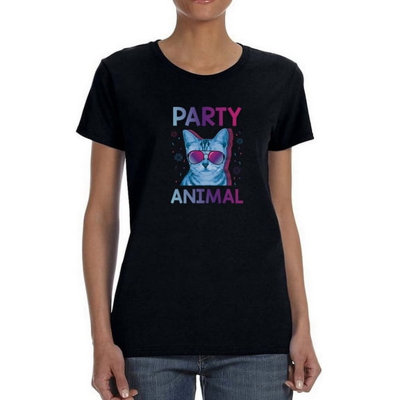 Party Animal Cat With Glasses T-Shirt Women -Smartprints Designs, Female x-Large