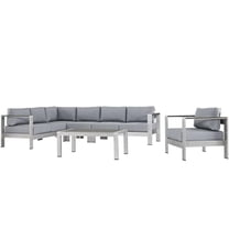 Modway Shore 6 Piece Outdoor Patio Aluminum Sectional Sofa Set in Silver Gray