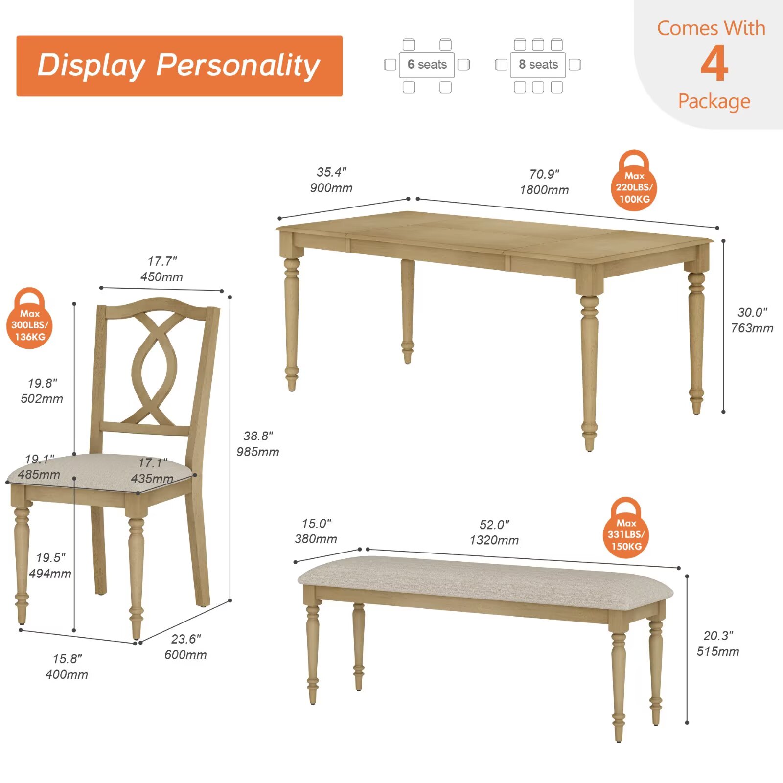 6 Piece Dining Table Set for 6-8 People - Includes One Dining Table, One Upholstered Bench, 4 Wood Dining Chairs, Rustic Dining Set for Kitchen, Oak