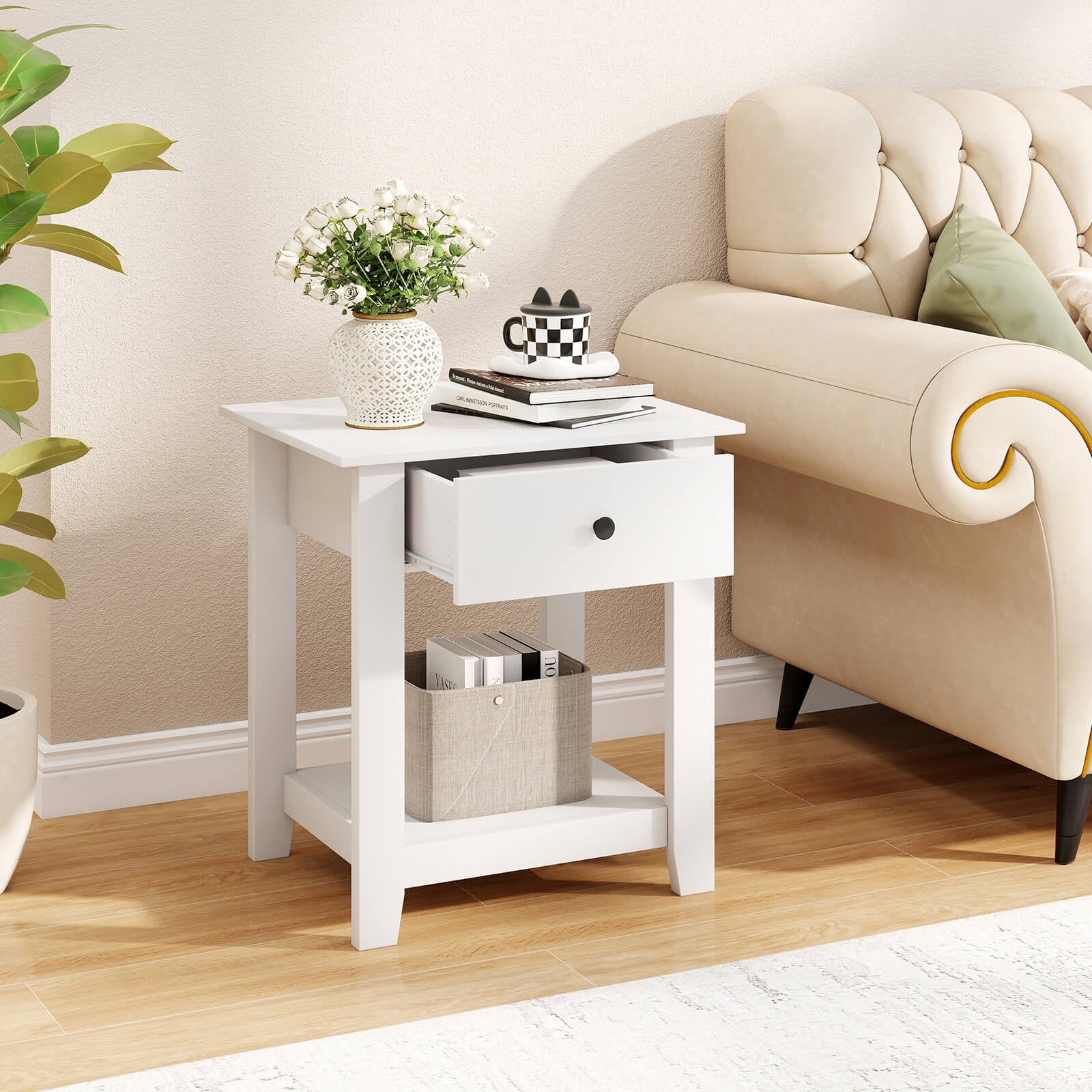Costway 2 PCS Nightstand with Drawer 3-Tier Modern Bedside Table with Open Shelf Storage White