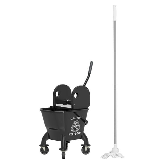 Mop Bucket with Wringer on Wheels - 27.5 Quart Floor Cleaning System - Black - Includes Mop & Handle - Down Press Wringer - Heavy Duty Commercial Home Use