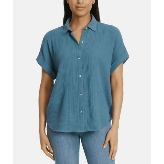 Jessica Simpson Women's Short Sleeve Gauze Top, Blue Small