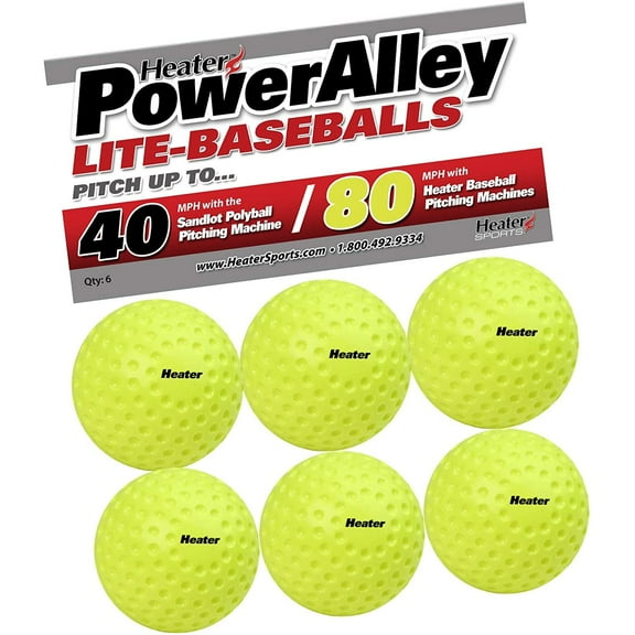 Heater Sports PowerAlley Lite Baseballs, Pitching Machine Balls, 1/2 Weight of Baseball, 9” Diameter – 80MPH Speed Simulation, Optic Green, Pack of 6