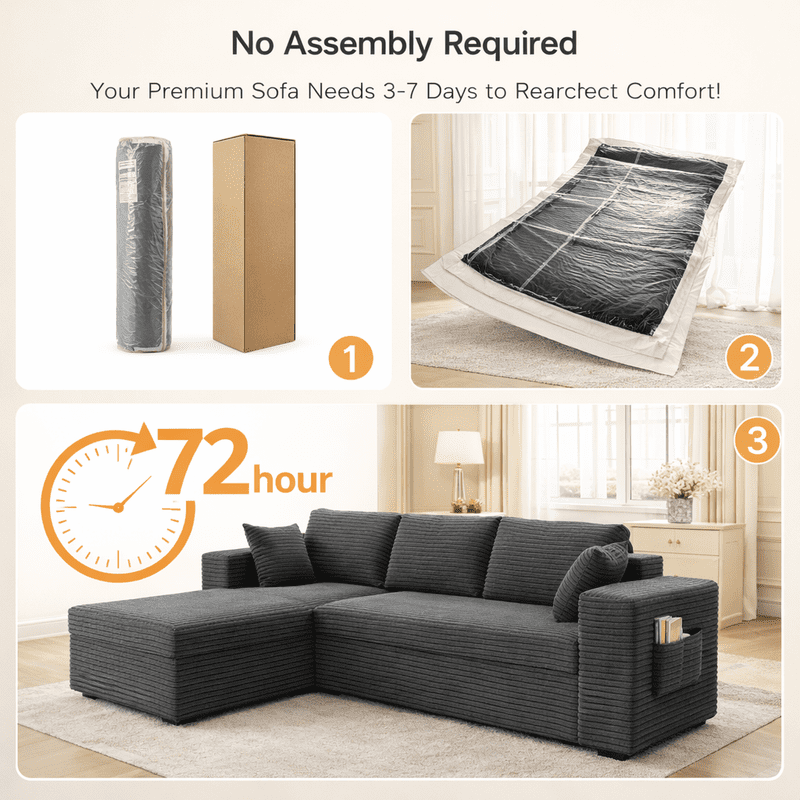 105" No-Assembly Modular L-Shaped Sectional Sofa, Comfy Corduroy Deep Seat Cloud Couch with Chaise, Modern Boneless Sofa for Living Room, Grey