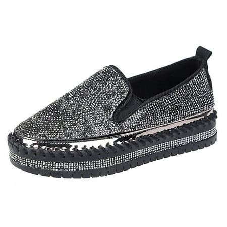 

TUOBARR Flat Shoes for Women Women s Single Shoes Rhinestones Thick-Soled Flat Shoes Casual Students Shoes Black