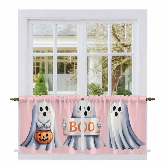 Pink Halloween Tier Curtains, Cute Ghost Modern Art Light Filtering Kitchen Curtains, 2Pcs Rod Pocket Half Window Treatments Panels for Sink Cafe Cabinet Camper 27.5x36 Inches