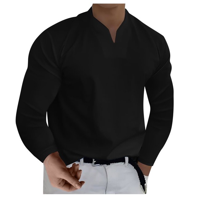 Men's Casual Solid Color V-Neck Gentleman's Business Long Sleeve T-Shirt XL