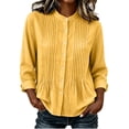 thumbnail image 2 of Nmnitkp Women's Mandarin Collar Pleated Front Button Down Shirt Cotton Linen Roll Up Long Sleeve Loose Casual Blouse for Fall Work Office Daily Wear Yellow,S, 2 of 6