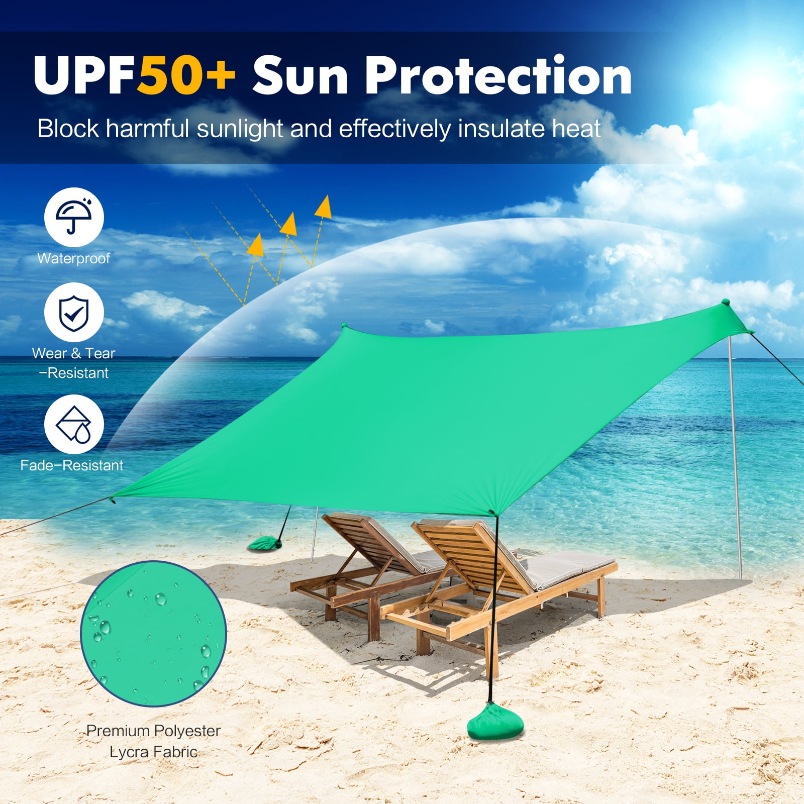  Beach Tent Canopy Beach Shade 10x10ft UPF50+ Sun Shelter with  8 Sand Bags 4 Stable Poles Sand Shovel JSCARES Cabana for 8 Person Portable  Outdoor Shade for Camping Trip Fishing