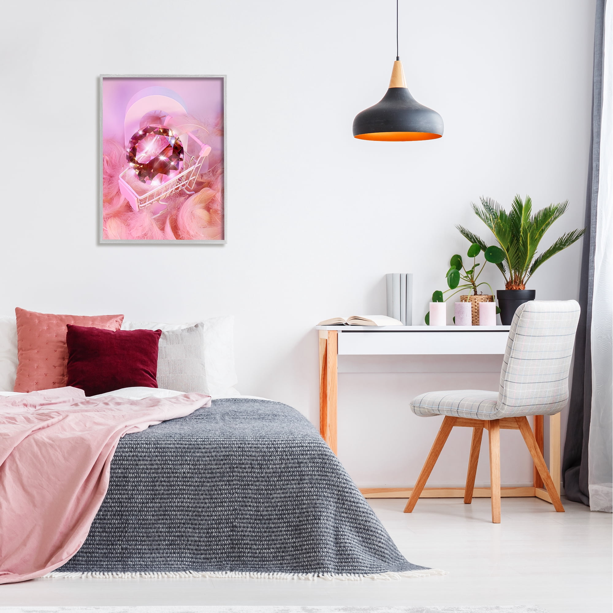 Stupell Industries Pink Glam Gem in Cart Beauty & Fashion Painting Gray Framed Art Print Wall Art, 24 x 30