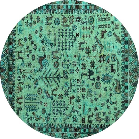 Ahgly Company Machine Washable Indoor Round Abstract Turquoise Blue Modern Area Rugs, 3' Round