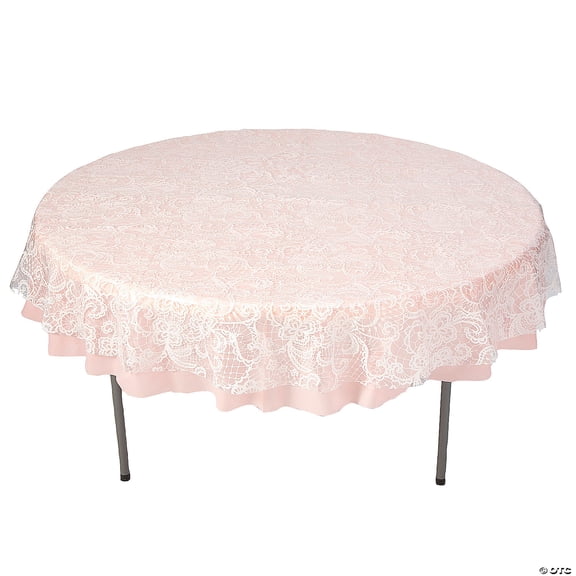 White Lace-Printed & Light Pink Round Disposable Plastic Tablecloth Kit - 2 Pieces