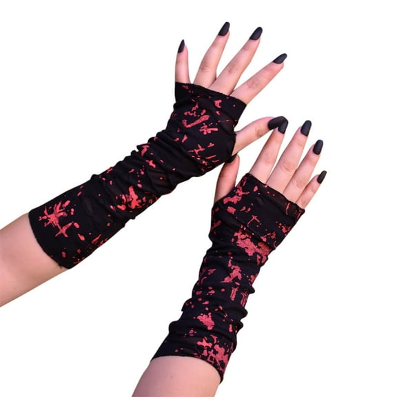 TEAJOPSUU Women's Black Gothic Lace Fingerless Gloves Arm Sleeve Blood-Stained Gloves for Halloween Performance Party Accessories, One Size A-Black