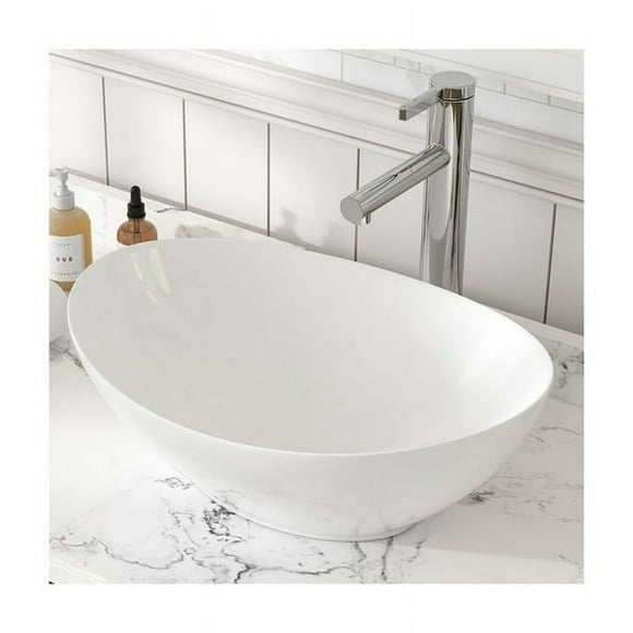 MEJE 16x13-Inch Oval White Ceramic Vessel Sink,Modern Egg Shape Bowl, Above Counter Bathroom Vanity Sink