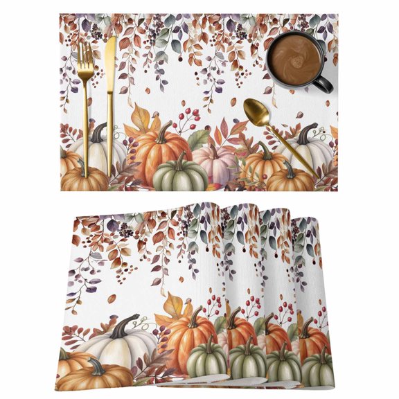 Thanksgiving Placemats Set of 1 Pumpkin Leaves Watercolor Vintage Heat Insulation Washable Place Mats, Non-Slip Table Mats for Dining Table Party Kitchen Decor, 13x19 Inch