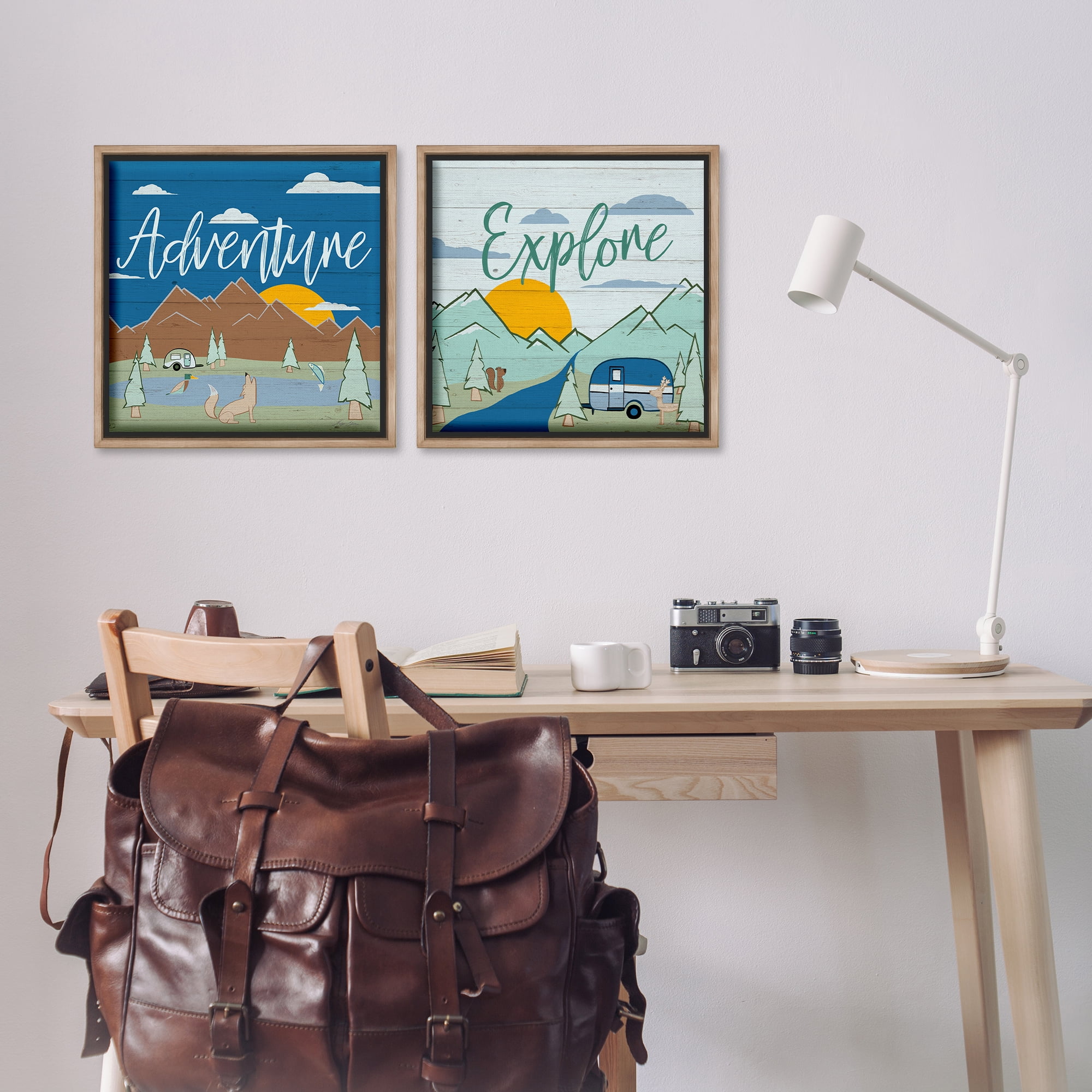 Stupell Industries Adventure Explore Camping Landscape & Nature Painting Brown Floater Framed Canvas Art Print Wall Art, 18 x 18, Set of 2