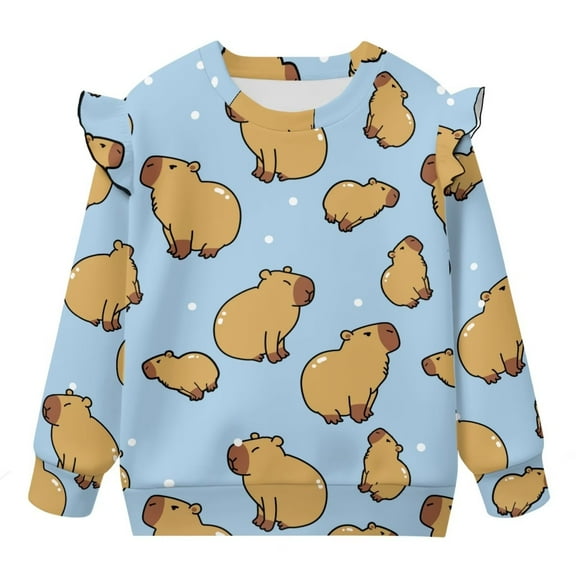 Uorisanigo Cute Capybara Kids Long Sleeve Sweatshirt Crew Neck Pullover Sweater Ruffled Shoulders Design, Fall Winter Spring Clothes Sweaters Shirts Size 1-2
