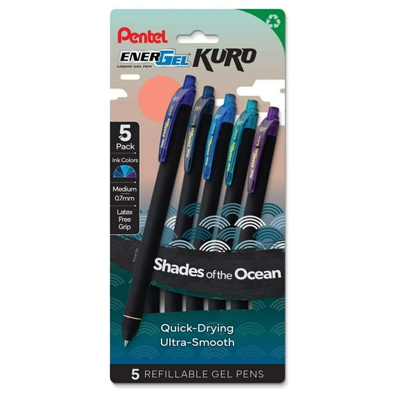 EnerGel Kuro, Shades of the Ocean, Liquid Gel Pen, 0.7mm, 5-pk