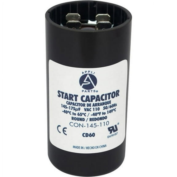 Appli Parts motor start capacitor 145-175 Mfd (microfarads) uF 110-125 VAC universal fit for electric motor applications 1-7/16 in Diameter 2-3/4 in Height CON-145-110