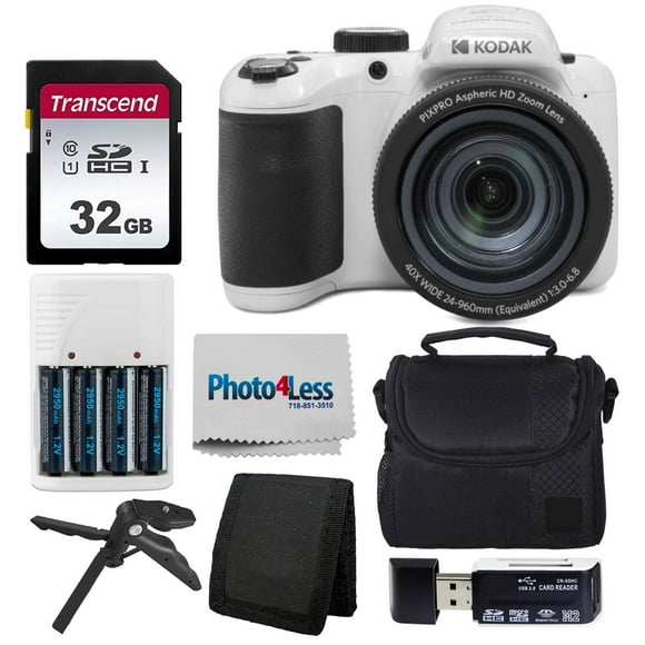Kodak PIXPRO AZ405 Digital Camera (White) Bundle with Case 32 GB SD Memory Card Memory Card Wallet Card Reader Table Tripod 4 AA Batteries & White Charger and Cloth