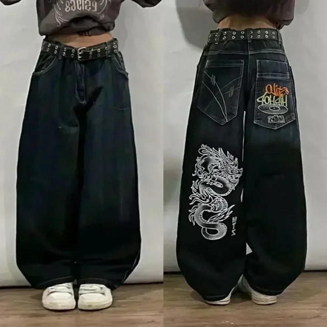Womens Polyester Printed Oversized Baggy Wide Leg High Waist Full Length Jeans