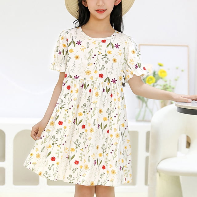 Robe à Manches Courtes Col Rond, Mode Filles Été Nouvelle Robe à Manches Courtes Poches à Volants Robe Imprimée Col Rond Débardeur Doux