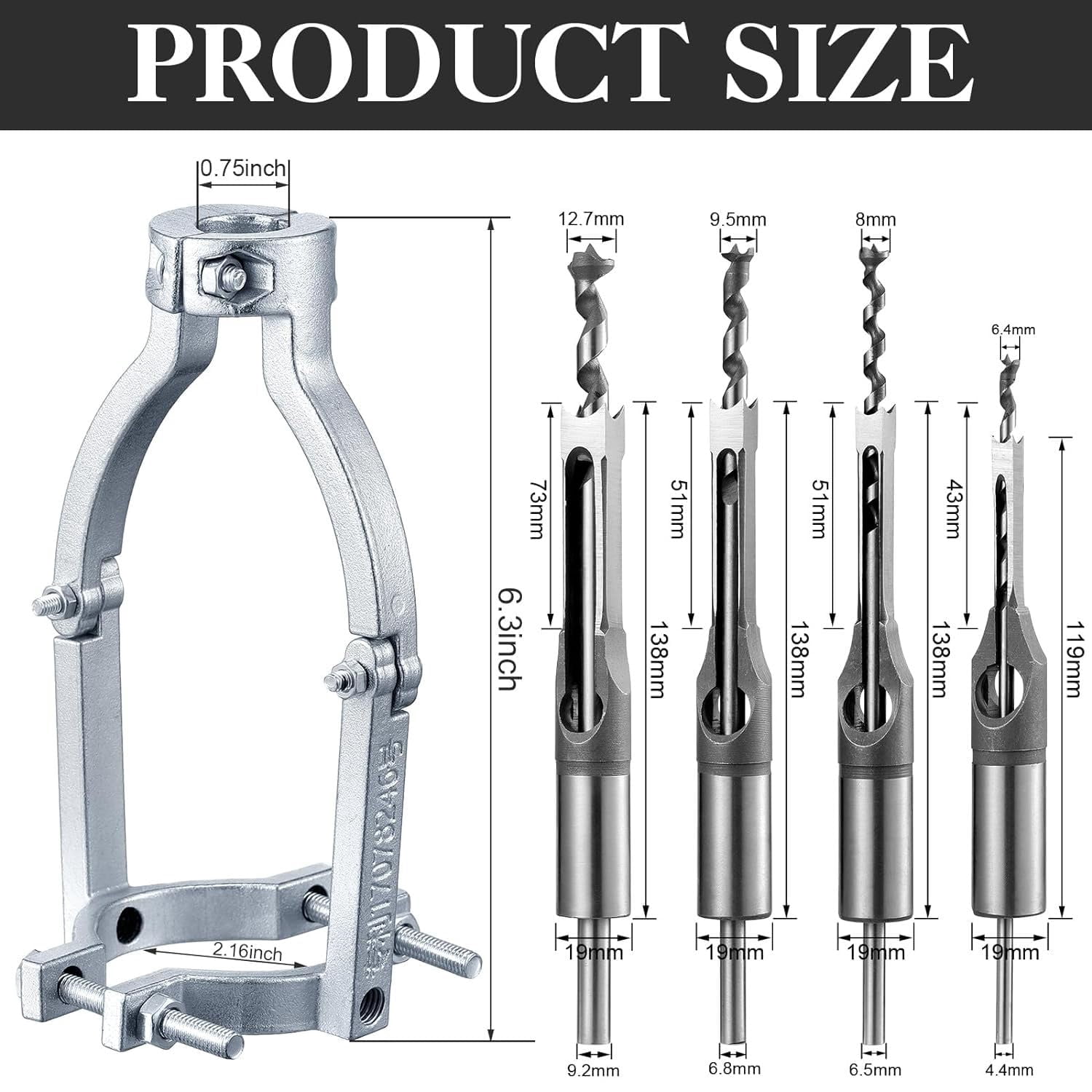 Carbide Square Hole Drill Bit Adapter Kit with 4 Bits and Fixing Bracket for Woodworking Mortising