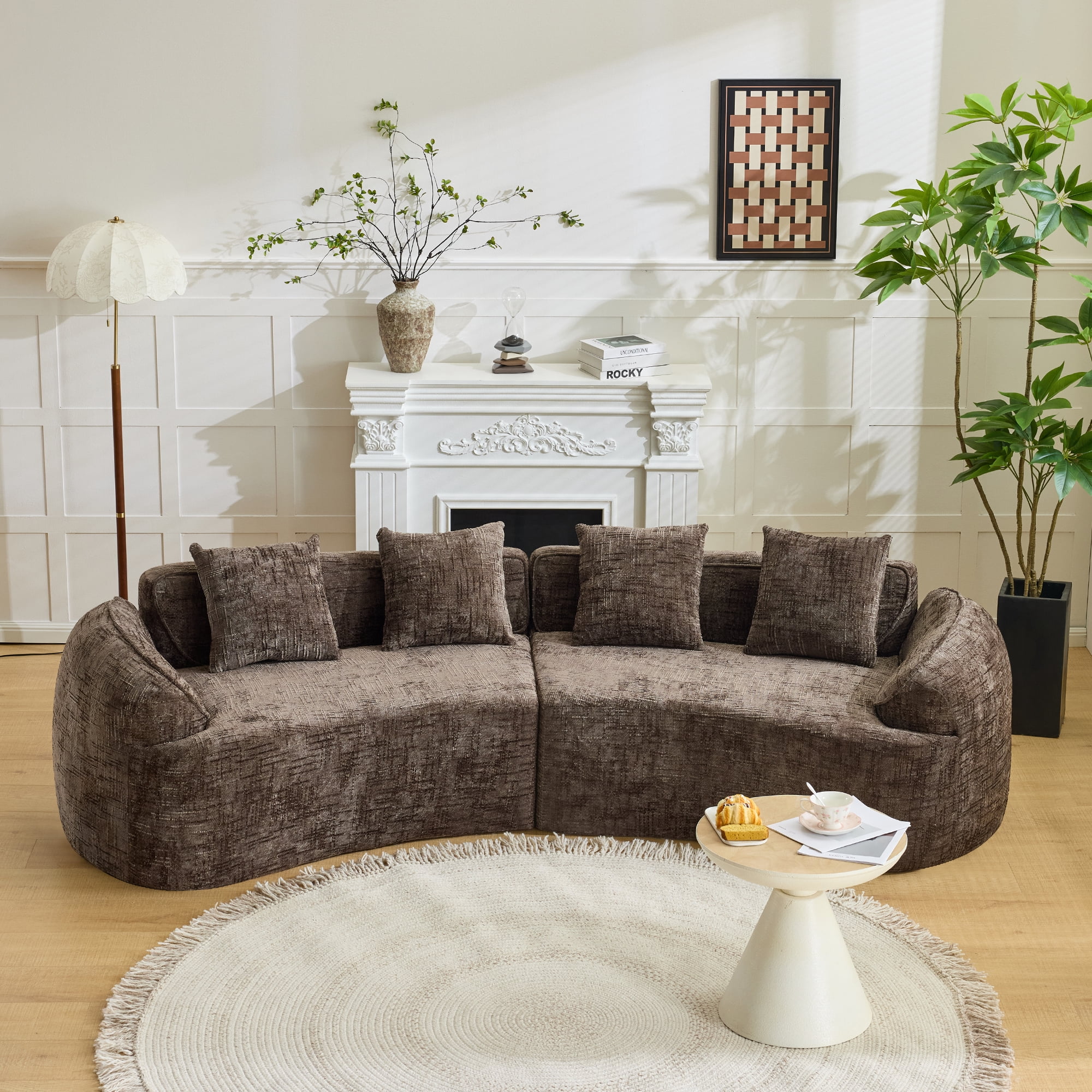 MAYEERTY 4-Seat Curved Compressed Sectional Sofa, Upholstered Cloud Modular Couch with Throw Pillows, No Assembly for Living Room Apartment Small Spaces