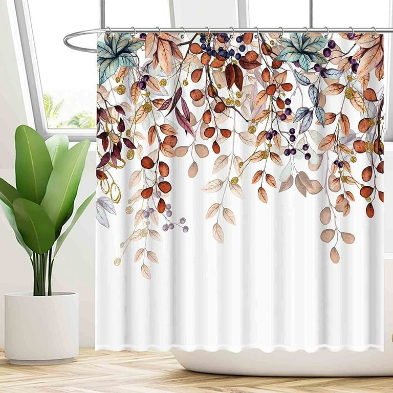 SPXUBZ Christmas Watercolor Autumn Hanging Leaves Botanical Shower Curtain Set with Hooks Fall Christmas Bathroom Bathtubs Decor Easy Care Washable
