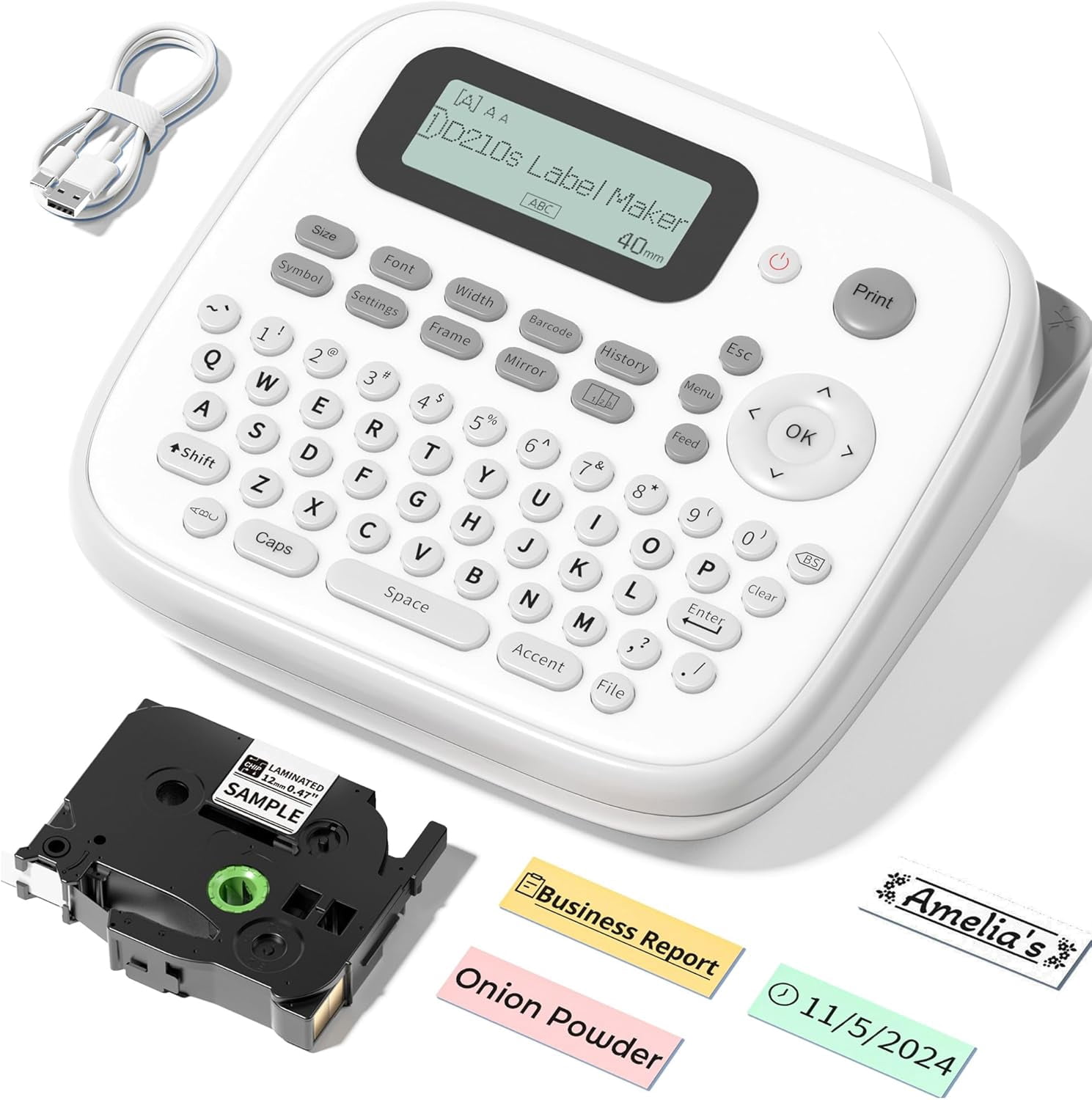 Label Maker Waterproof Labels, Labeler Machine with Tape, 16+ Bolder/Handwritten Fonts & Intuitive Shortcut Keys, 12mm Removable Freezer Food Labels for Jars/Containers/Bottle