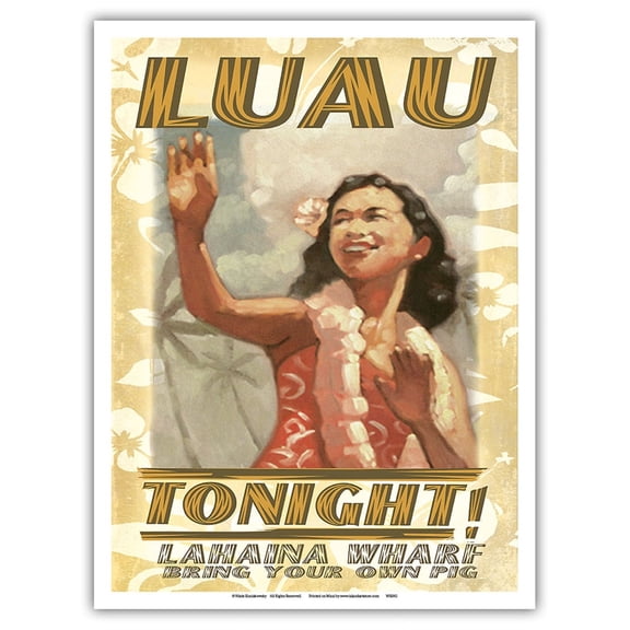 Luau Tonight - Lahaina Wharf Hawaii - Hawaiian Hula Dancer - Vintage Travel Poster by Wade Koniakowsky - Master Art Print (Unframed) 9in x 12in