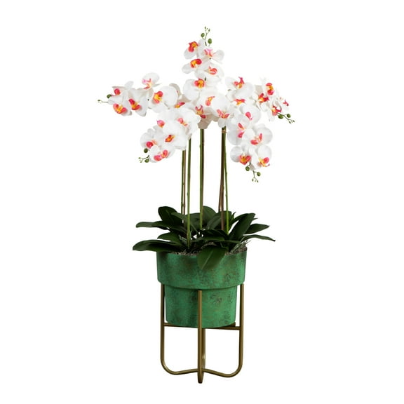 Nearly Natural 43in. Artificial Orchid Arrangement in Patina Metal Planter with Stand