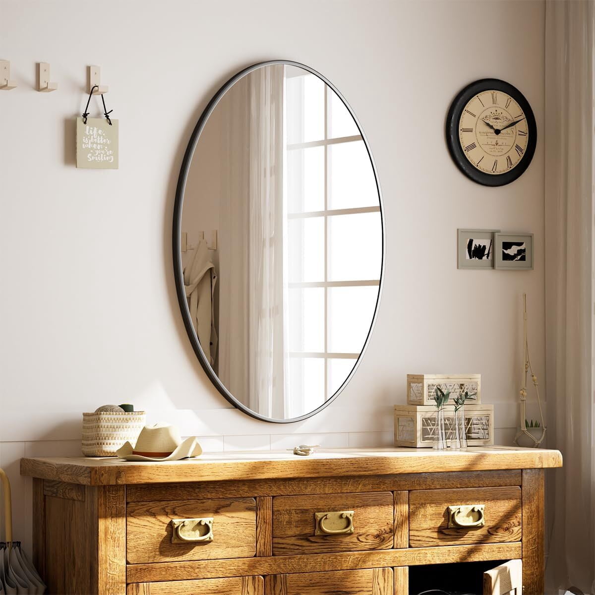Lumora 38.1"x26" Oval Wall Bathroom Mirror Wall-mounted Mirror with Aluminum Frame, Black
