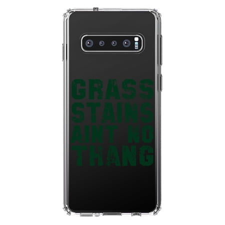 DistinctInk Clear Shockproof Hybrid Case for Samsung Galaxy S10+ PLUS (6.4 Screen) - TPU Bumper Acrylic Back Tempered Glass Screen Protector - Grass Stains Ain t No Thang