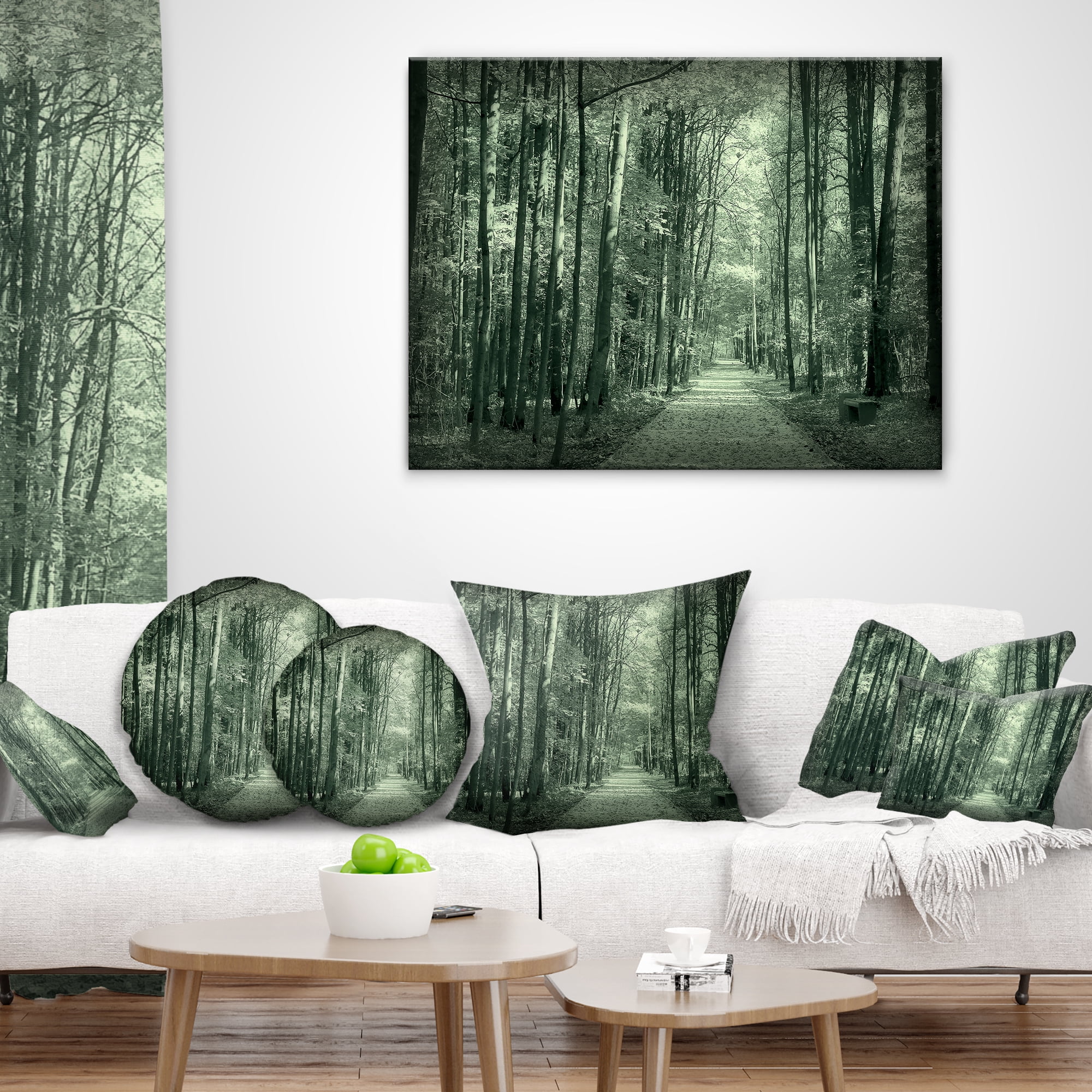 Designart Road in Dark Autumn Forest - Modern Forest Throw Pillow - 18x18