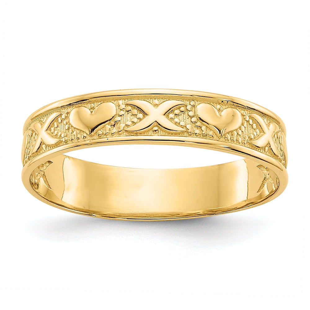 Ring Heart and Love 14K Yellow Gold X and Heart Embossed Ring, Size 8
