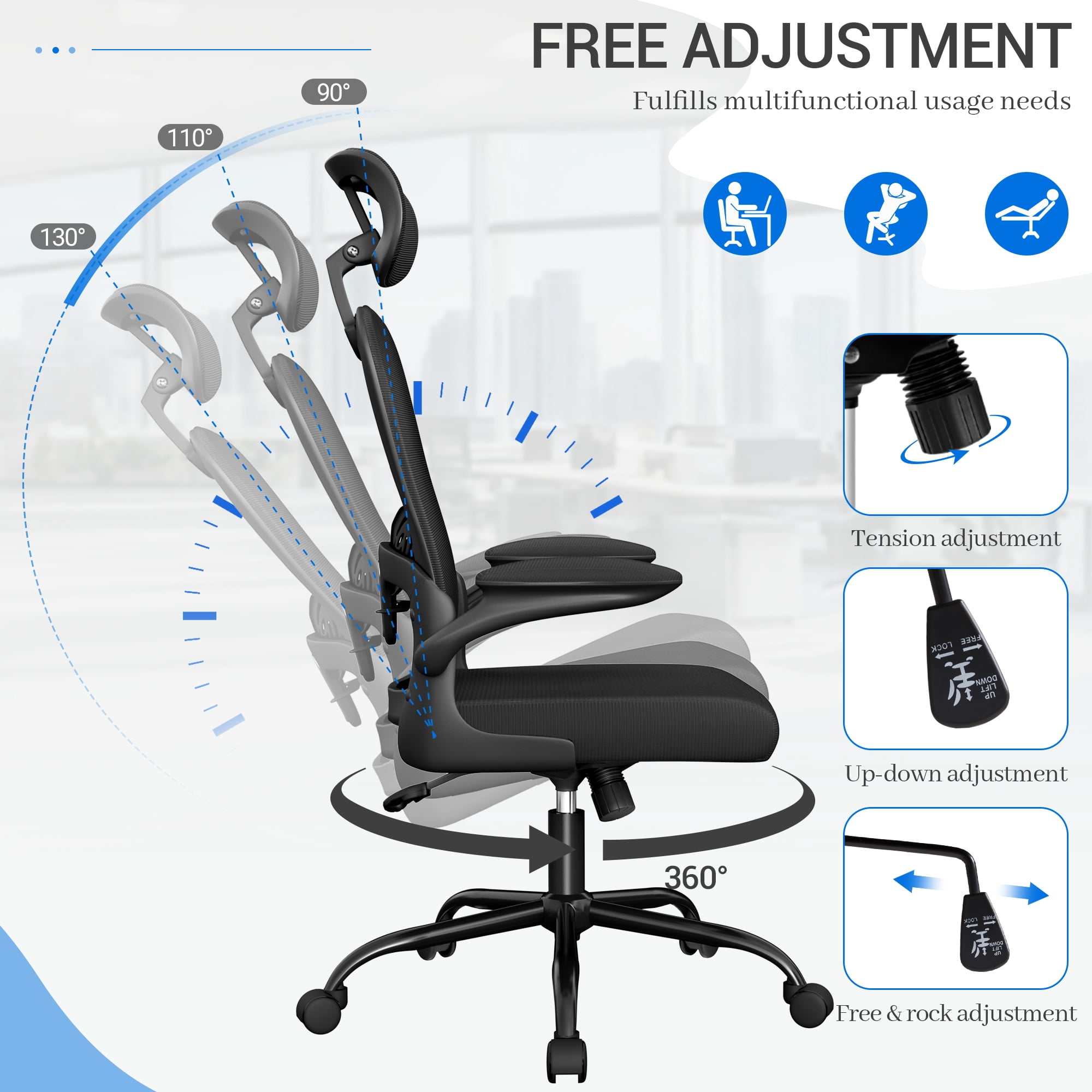 Furmax High Back Office Chair Ergonomic Mesh Desk Chair with Adjustable Lumber Support, Headrest and Flip up Armrest, Black