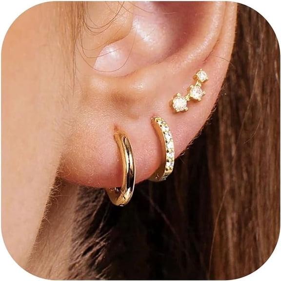 14k Gold Plated Small Hoop & Stud Earrings Set for Women, Dainty Hypoallergenic Cartilage Earrings, Trendy Gold Jewelry Gift
