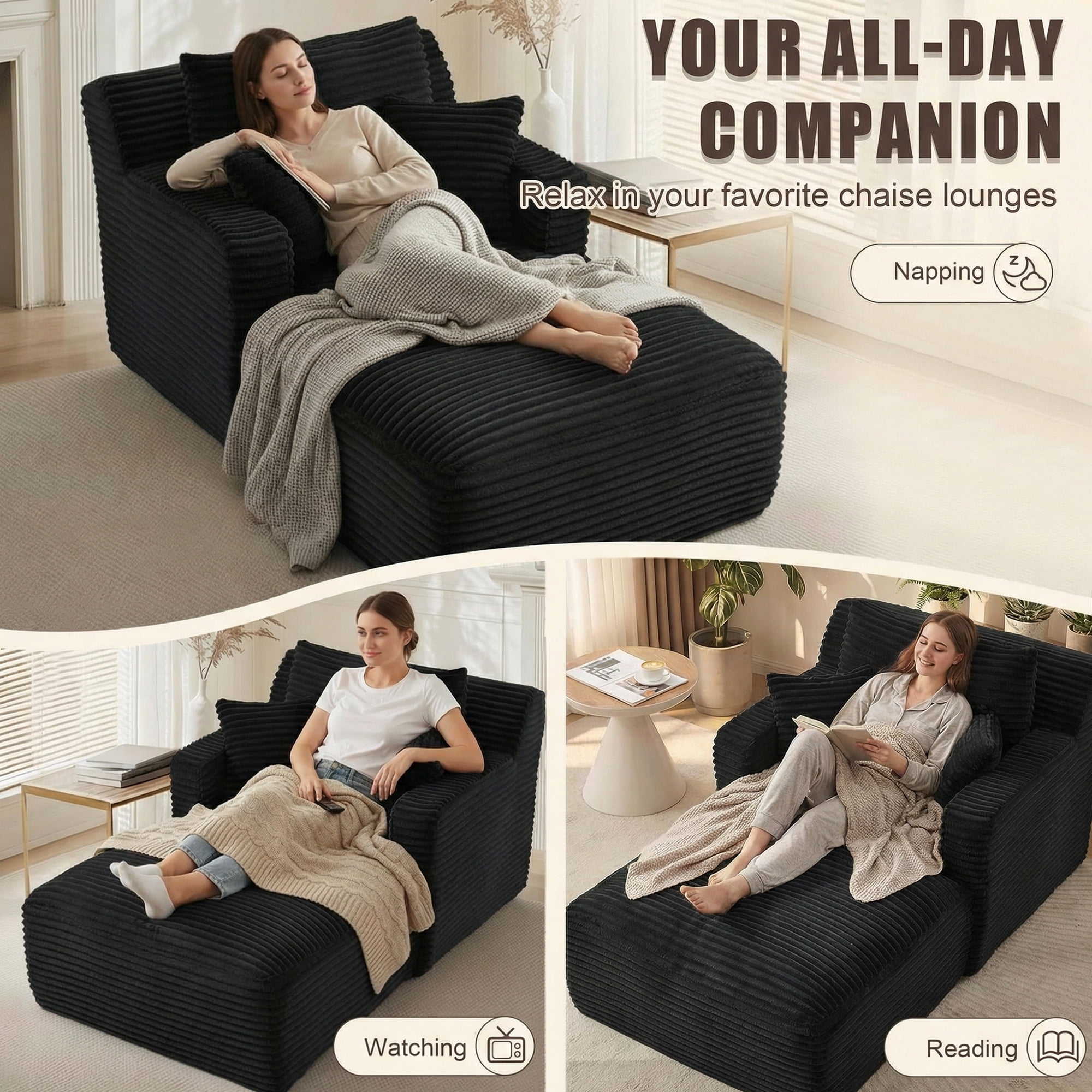 Kosynda 65"D Oversized Chaise Lounge Chair Indoor, Corduroy Upholstered Boneless Sofa Bed with 3 Pillows for Living Room, Black