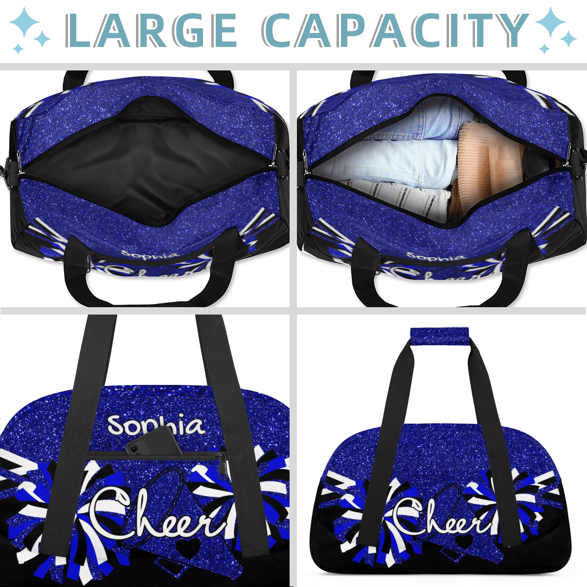 Jiaoprinted Personalized Sport Duffel Bag, Custom Cheer Dance Bag with Name, Customized Sport Gym Bag for Cheerleaders, Travel Duffle Bag for Women, Blue Glitter