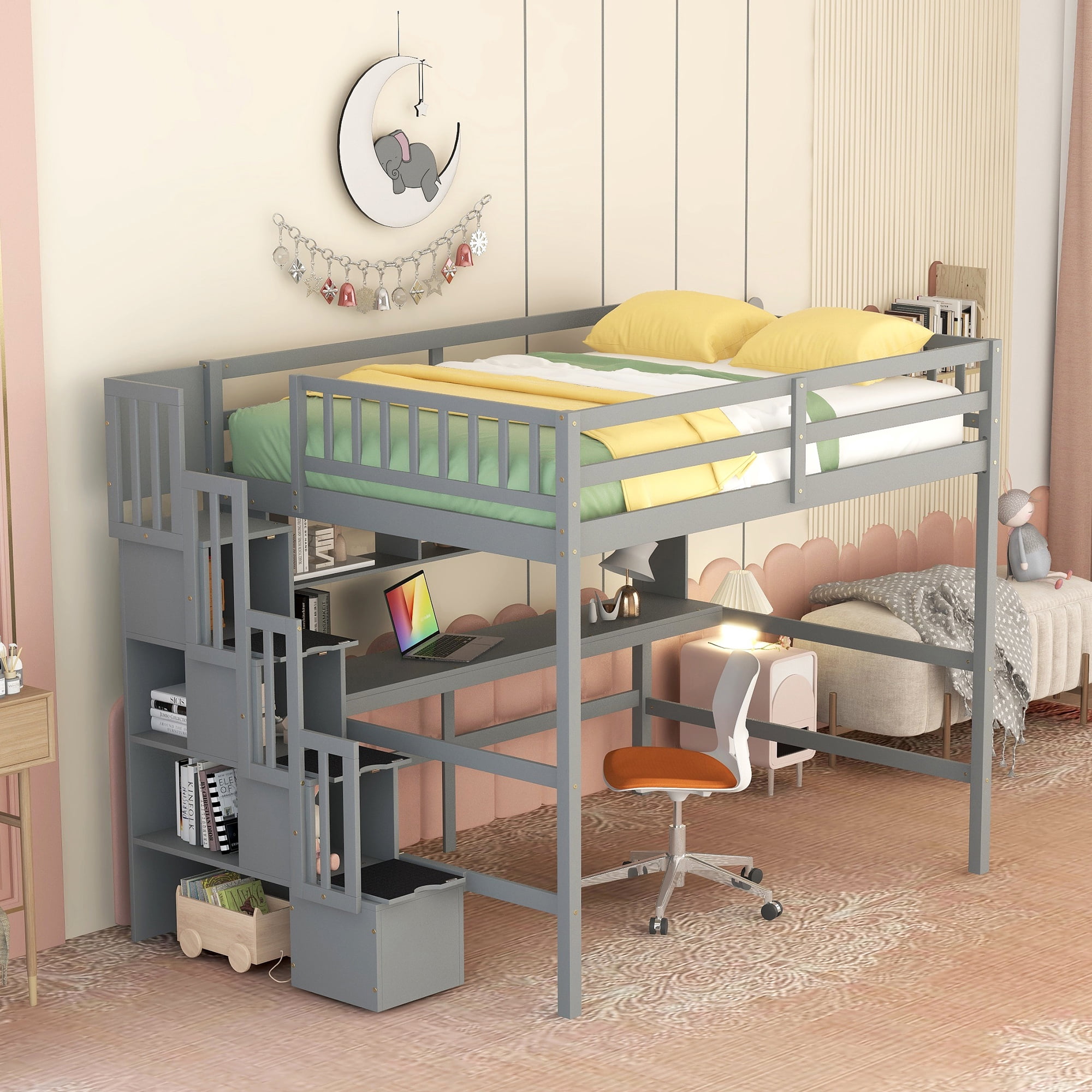 Leumius Full Size Loft Bed with Safety Guardrail, Wood Loft Bed with Desk, Storage Shelves and Staircase for Boys Girls Grey