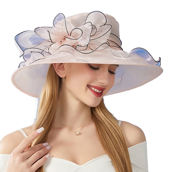 Sun Hat with Wide Brim Organza Flower Feather Decoration UV Protection Translucent Material Women Hat Headdress