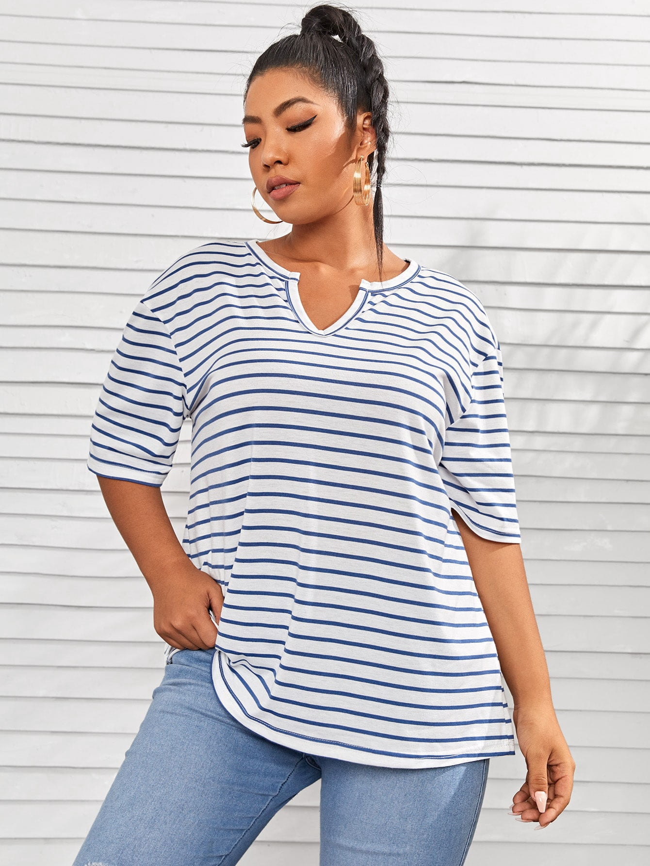 Blue and White Casual Women's Plus Size 