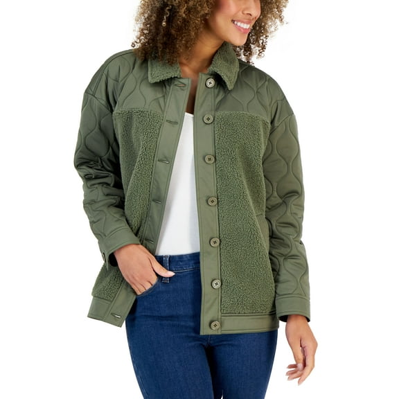 Style & Co Womens Quilted Fleece Jacket Olive Sprig S