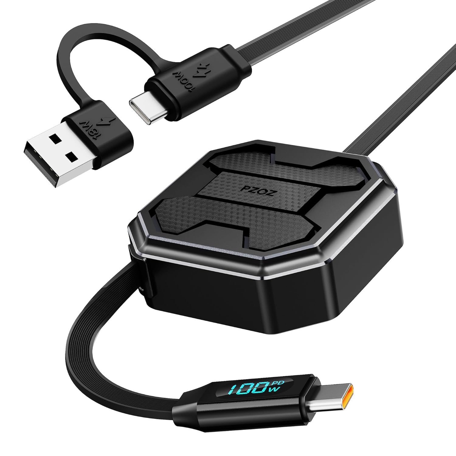 FEFEFW-PZOZ 100W Retractable 2-in-1 Charging Cable with LED Display, Multi USB C & USB A to USB C for iPhone 17 16 15 iPad Mac Samsung for Car CarPlay Desktop Management Organizer