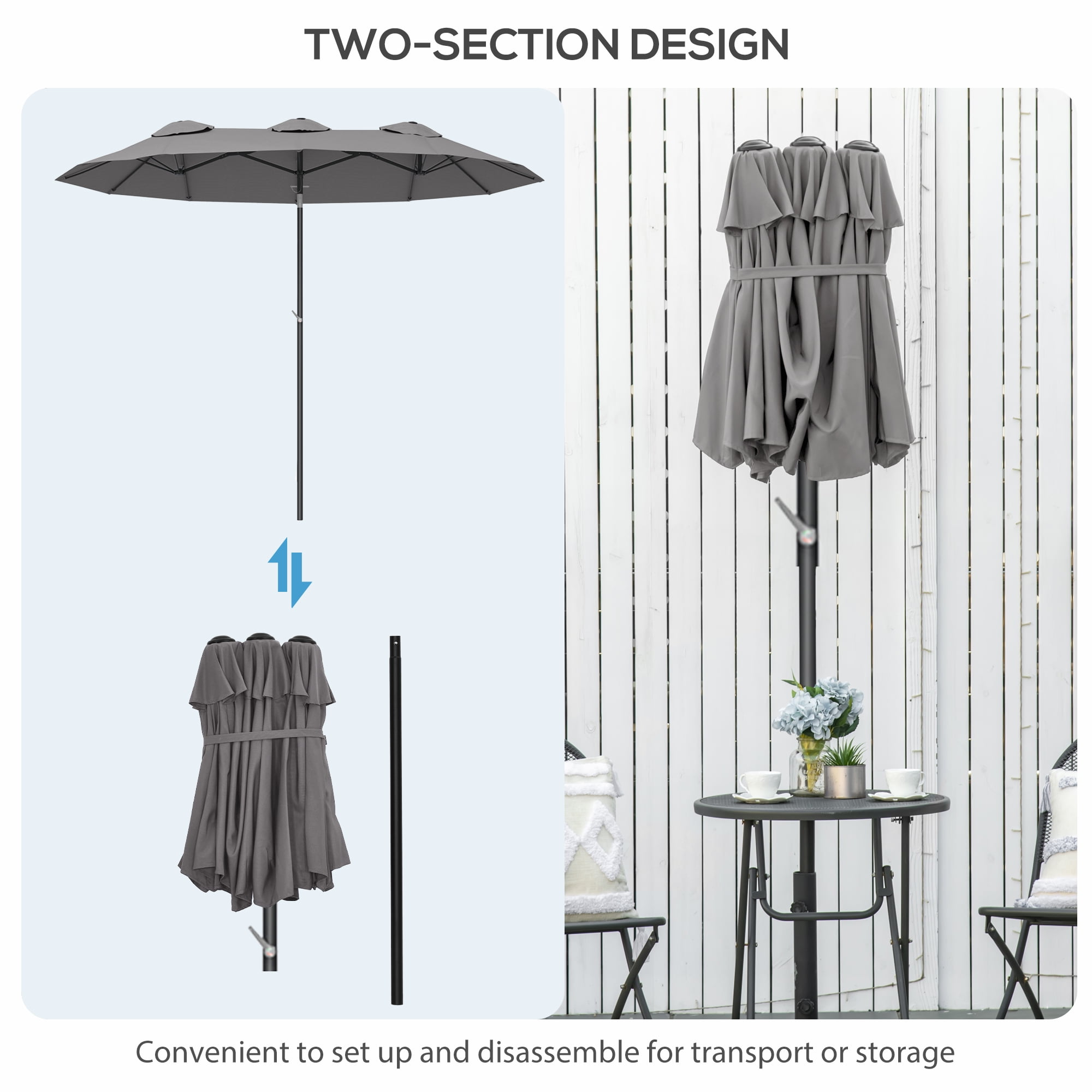 Outsunny 9.5' Double-sided Patio Umbrella with Tilt Outdoor Umbrella, Grey