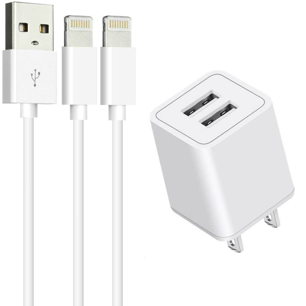 Charger, 2.4A Dual Port Portable Power Adapter Cube with 2Pack 6FT