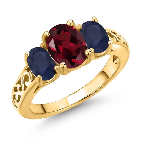 Gem Stone King 18K Yellow Gold Plated Silver Red Rhodolite Garnet and Blue Sapphire Filigree Style 3 Stone Ring for Women (2.46 Cttw, Oval 8X6MM and 6X4MM) (Size 5)