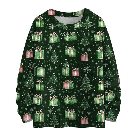 WTOBBY Women's Christmas Themed Woolen Sweatshirt, Long Sleeve Christmas Print Pullover, Cute and Comfortable Top for Fall and Winter Seasonal Activities,Army Green L