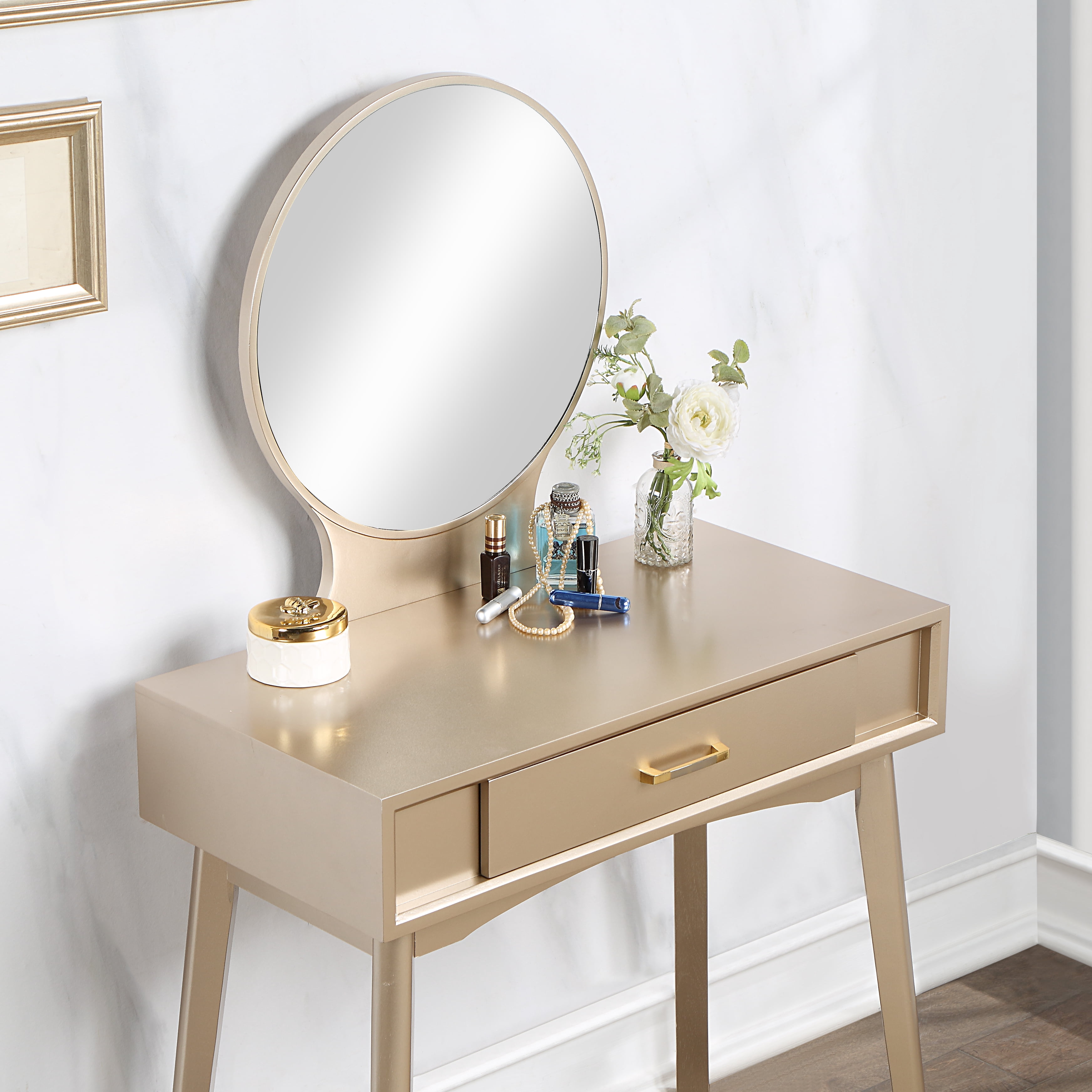 Mintazer Modern Vanity Table Set, Round Mirror Makeup Dressing Table with Drawers & Upholstered Stool for Bedroom, Gold